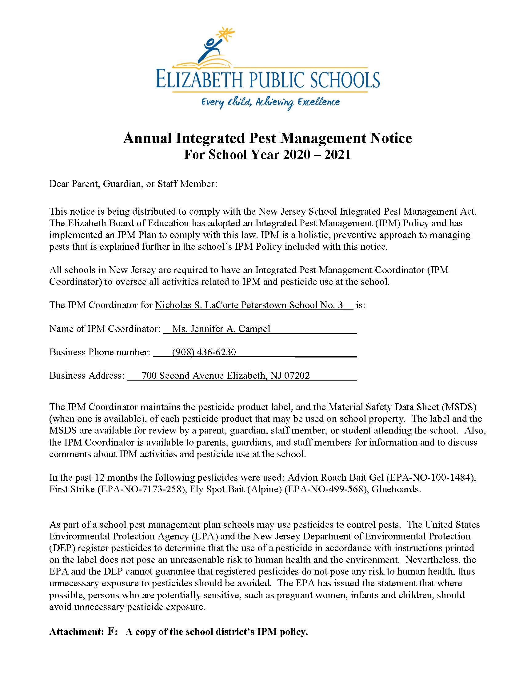 Annual Integrated Pest Management Notice